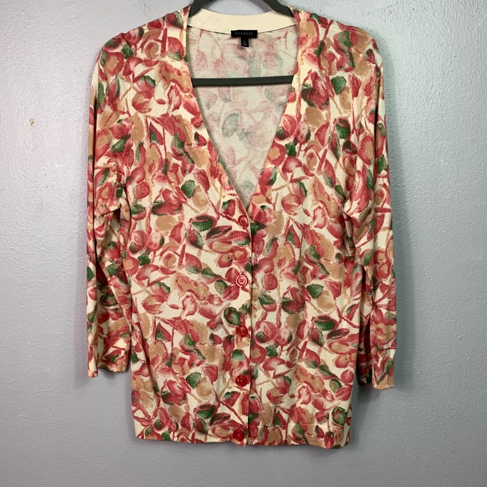 Talbots Pink Peach V- Neck Floral Cardigan